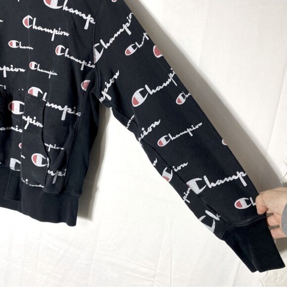 Vintage Champion Reverse Weave Black All Over Logo Print Hoodie M - Picture 11 of 16